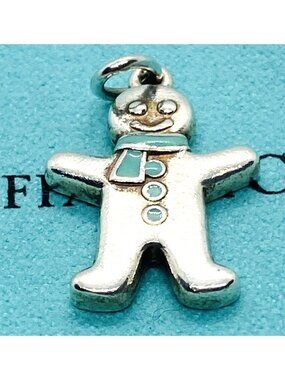 Tiffany & Co Gingerbread Man Pendant Charm Blue Enamel Sterling Silver
